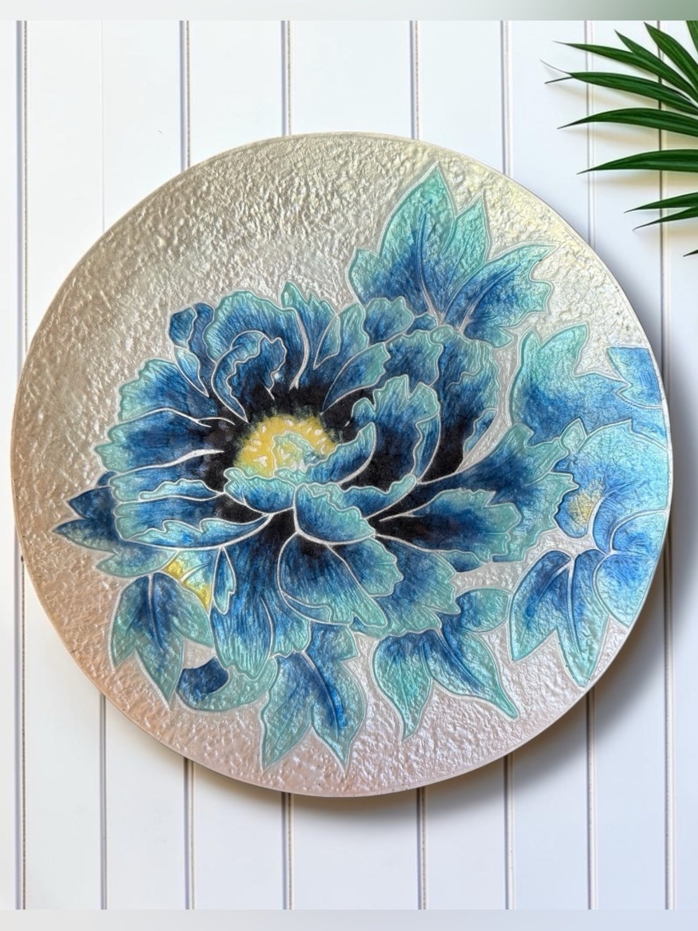 Ando Cloisonné Blue Floral Decorative Wall Plate 9” Japanese Style Enamel Art